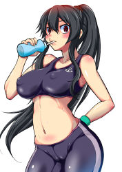 Rule 34 | 10s, 1girl, absurdres, alternate costume, anchor symbol, bare shoulders, black hair, blush, breasts, commentary request, covered erect nipples, highres, kantai collection, large breasts, long hair, looking at viewer, masakichi (heppouku), navel, ponytail, red eyes, solo, sports bra, sportswear, yahagi (kancolle)