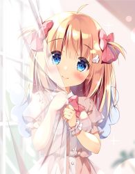 Rule 34 | 1girl, ahoge, blonde hair, blue eyes, blush, bow, bowtie, commentary request, curtain grab, curtains, dress, frilled sleeves, frills, hair bow, indoors, long hair, looking at viewer, original, pan (mimi), pink bow, pink dress, red bow, red bowtie, short sleeves, smile, solo, ten-chan (pan (mimi)), two side up, upper body, window, wing hair ornament, wings