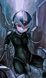 Rule 34 | 1boy, amputee, android, bad id, bad pixiv id, black skin, clenched teeth, colored skin, helmet, highres, machinery, mega man (series), x (mega man), mega man x (series), mega man x dive, object insertion, pussy, red eyes, restrained, reverse newhalf, ringed eyes, solo, stasis tank, tanewito, teeth, thighs, vaginal, vaginal object insertion, wire, wires