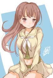 Rule 34 | 1girl, beige sailor collar, beige serafuku, beige skirt, brown eyes, brown hair, calin, commentary request, cowboy shot, dated, highres, kantai collection, long hair, looking at viewer, midriff, navel, neckerchief, one-hour drawing challenge, ooi (kancolle), ooi kai ni (kancolle), pleated skirt, sailor collar, school uniform, serafuku, signature, sitting, skirt, smile, solo, white neckerchief