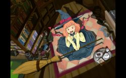 Rule 34 | 1girl, :d, blunt bangs, book, bookshelf, broom, from above, happy, hat, highres, magician, open mouth, orange hair, original, red eyes, smile, solo, witch, witch hat, yammy (artist), yammy (cellblo)