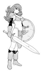 Rule 34 | 1girl, absurdres, armor, bikini armor, circlet, dragon quest, dragon quest iii, elbow gloves, full body, gloves, greyscale, hair ornament, hat, helmet, highres, looking at viewer, mitre, monochrome, nishi yusuke, shield, short hair, shoulder pads, simple background, soldier (dq3), solo, sword, thigh strap, weapon, winged helmet