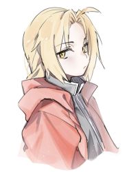 Rule 34 | 1boy, ahoge, bad id, bad pixiv id, blonde hair, closed mouth, coat, cropped torso, edward elric, fullmetal alchemist, highres, hood, hood down, hooded coat, hufy, long hair, looking at viewer, male focus, red coat, simple background, solo, upper body, white background, yellow eyes