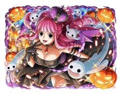 Rule 34 | 1girl, black dress, black gloves, breasts, choker, cleavage, crown, devil fruit, dress, gloves, gothic lolita, halloween, halloween costume, horo horo no mi, jack-o&#039;-lantern, large breasts, lolita fashion, long hair, looking at viewer, official art, one piece, one piece treasure cruise, open mouth, perona, pink hair, tongue, tongue out, very long hair