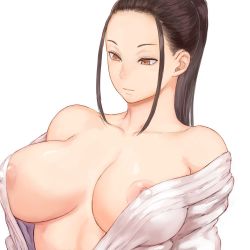 Rule 34 | 1girl, bare shoulders, breasts, brown eyes, brown hair, closed mouth, collarbone, expressionless, huge breasts, long hair, looking down, nipples, off shoulder, original, ponytail, shu-mai, simple background, solo, upper body, white background