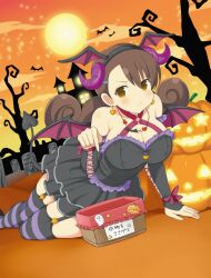 Rule 34 | 1girl, :i, :t, aimu (senran kagura), animal, arm support, armpit crease, bare shoulders, bare tree, basket, bat (animal), bat necklace, bat wings, black dress, black footwear, black garter straps, black thighhighs, blush, breasts, brown eyes, brown hair, cleavage, closed mouth, cloud, cross-laced clothes, cross-laced sleeves, curled horns, curly hair, demon costume, demon horns, demon tail, demon wings, detached sleeves, dress, earrings, fake head wings, fake horns, fake wings, frilled dress, frilled sleeves, frills, full moon, fur-trimmed dress, fur trim, garter straps, ghost, ghost print, gradient sky, grave, graveyard, hair between eyes, hair ornament, hairclip, halloween, halloween costume, halterneck, hand on ground, happy halloween, heart, heart earrings, heart necklace, highres, horns, jack-o&#039;-lantern, jack-o&#039;-lantern print, jewelry, large breasts, looking at viewer, medium hair, mini wings, moon, necklace, night, night sky, o-ring, o-ring dress, official alternate costume, official art, on ground, orange sky, outdoors, pout, puffy cheeks, pumpkin, purple horns, purple thighhighs, red ribbon, ribbon, senran kagura, senran kagura new wave, shiny skin, short dress, skindentation, sky, solo, star (sky), star (symbol), star print, starry sky, striped clothes, striped thighhighs, tail, thighhighs, tombstone, translation request, tree, trick or treat, two-tone thighhighs, wings, wrist bow, yaegashi nan, yellow sky