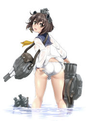 Rule 34 | 10s, 1girl, adjusting clothes, adjusting panties, ass, brown eyes, brown hair, gun, headgear, k2isu, kantai collection, looking back, open mouth, panties, personification, sailor, short hair, simple background, smile, solo, underwear, wading, water, weapon, white background, white panties, yukikaze (kancolle)