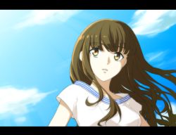 Rule 34 | 10s, 1girl, anime coloring, aoi (aoi306), blue sky, blunt bangs, brown eyes, brown hair, cloud, day, fate/extella, fate/extra, fate (series), kishinami hakuno (female), letterboxed, long hair, open mouth, short sleeves, sky, solo, striped, upper body
