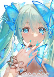 Rule 34 | 1girl, 39, absurdres, animal, aqua hair, bare shoulders, blue eyes, blue nails, bug, butterfly, butterfly hair ornament, commentary, hair between eyes, hair ornament, hand up, hatsune miku, headset, highres, insect, long hair, looking at viewer, maya g, nail polish, parted lips, simple background, solo, symbol-only commentary, twintails, upper body, vocaloid, white background
