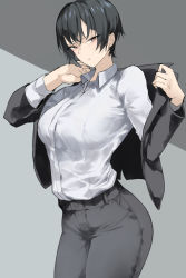 Rule 34 | 1girl, absurdres, black hair, black jacket, black pants, black suit, breasts, brown eyes, collared shirt, commentary, cowboy shot, dress shirt, formal, grey background, highres, jacket, kyoyakyo, large breasts, long sleeves, looking at viewer, open clothes, open jacket, original, pants, parted lips, shirt, shirt tucked in, short hair, simple background, solo, standing, suit, sweatdrop, tsurime, white shirt, wing collar