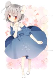 Rule 34 | 1girl, abe suke, alternate costume, animal ears, blue dress, blush, breasts, clenched hand, closed mouth, collarbone, commentary request, contemporary, detached sleeves, dress, eyes visible through hair, floral background, full body, hair between eyes, hand on own chest, highres, leaning forward, light blush, light particles, looking at viewer, mouse ears, nazrin, puffy short sleeves, puffy sleeves, red eyes, serious, short hair, short sleeves, silver hair, small breasts, solo, sparkle, standing, touhou, white background, white footwear