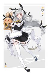 Rule 34 | 1girl, :o, absurdres, apron, arknights, black dress, black footwear, black ribbon, bow, commentary request, dress, eyebrows hidden by hair, frilled apron, frilled dress, frills, full body, grey background, grey hair, hair ribbon, head scarf, heart, highres, holding, holding stuffed toy, lalihop, long hair, long sleeves, looking at viewer, open mouth, puffy long sleeves, puffy sleeves, red eyes, ribbon, see-through, shoes, solo, stuffed animal, stuffed rabbit, stuffed toy, tail, thighhighs, two-tone background, very long hair, weedy (arknights), white apron, white background, white thighhighs, yellow bow