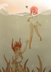 Rule 34 | 2girls, air bubble, asphyxiation, barefoot, breasts, bubble, cleavage, drowning, floating, highres, medium breasts, multiple girls, one-piece swimsuit, partially submerged, partially underwater shot, red eyes, red hair, ryona, school swimsuit, short hair, submerged, swimming, swimsuit, tentacles, twintails, underwater, water, wet
