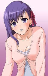 Rule 34 | 00s, 1girl, :o, breasts, cleavage, collarbone, fate/stay night, fate (series), g-tetsu, large breasts, looking at viewer, matou sakura, parted lips, purple eyes, purple hair, solo, tears, teeth, upper body