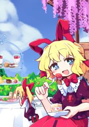 Rule 34 | 2girls, absurdres, blonde hair, blouse, blue eyes, blush, bow, bowtie, bubble skirt, cake, cake slice, commentary request, doll, eating, fairy wings, food, fork, frilled shirt, frilled shirt collar, frilled sleeves, frills, fruit, hair bow, hair ribbon, head tilt, highres, kanisawa yuuki, long hair, looking at viewer, medicine melancholy, mini person, minigirl, multiple girls, open mouth, outdoors, ponytail, puffy short sleeves, puffy sleeves, purple shirt, purple skirt, red bow, red bowtie, red footwear, red ribbon, red shirt, red skirt, ribbon, shirt, short hair, short sleeves, simple background, skirt, strawberry, su-san, touhou, wings