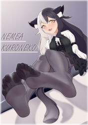 Rule 34 | 1girl, absurdres, animal ears, black hair, blush, cat ears, cat tail, dyamond, feet, highres, long hair, looking at viewer, multicolored hair, open mouth, original, pantyhose, soles, tail, toes, two-tone hair, white hair, yellow eyes