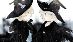 Rule 34 | 2girls, alice margatroid, alternate costume, bad id, bad pixiv id, black cape, blonde hair, blue eyes, braid, cape, hair ribbon, hat, highres, kirisame marisa, looking at viewer, matching outfits, menbou (nonnontako), multiple girls, one eye closed, ribbon, short hair, touhou, upper body, witch hat, yellow eyes