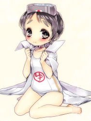 Rule 34 | 10s, 1girl, barefoot, black eyes, black hair, choker, diving mask, eyebrows, goggles, kantai collection, lab coat, maru-yu (kancolle), one-piece swimsuit, patatata, personification, school swimsuit, short hair, solo, swimsuit, white school swimsuit, white one-piece swimsuit