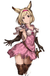 Rule 34 | 10s, 1girl, animal ears, blonde hair, boots, breasts, brown eyes, capelet, cleavage, collarbone, commentary request, djeeta (granblue fantasy), dress, elbow gloves, erune, fighter (granblue fantasy), gloves, granblue fantasy, hairband, highres, kemonomimi mode, looking at viewer, puffy sleeves, short hair, short sleeves, sideboob, simple background, small breasts, smile, solo, thighhighs, white background, yashigaras