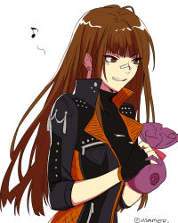 Rule 34 | 1girl, bandage on face, bandages, brown hair, collared jacket, dungeon and fighter, ear piercing, fighter (dungeon and fighter), gloves, highres, jacket, musical note, piercing, theft, torn clothes, usamero, zipper