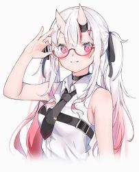 Rule 34 | 1girl, adjusting eyewear, auui, bare arms, bespectacled, black necktie, black ribbon, blouse, blush, breasts, collar, collared shirt, colored tips, commentary request, cropped torso, earrings, fang, glasses, grey background, hair ribbon, highres, hololive, horns, jewelry, light smile, long hair, looking at viewer, multicolored hair, nakiri ayame, nakiri ayame (streetwear), necktie, official alternate costume, red-framed eyewear, red eyes, red hair, ribbon, semi-rimless eyewear, shirt, simple background, sleeveless, sleeveless shirt, small breasts, solo, streaked hair, twintails, under-rim eyewear, upper body, virtual youtuber, white hair, white shirt