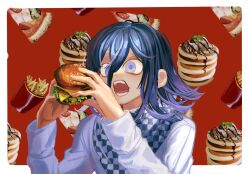 Rule 34 | 1boy, black hair, blue eyes, border, burger, checkered clothes, checkered scarf, danganronpa (series), danganronpa v3: killing harmony, flipped hair, foca (sello20582612), food, french fries, hair between eyes, highres, holding, holding food, jacket, long sleeves, male focus, multicolored hair, oma kokichi, open mouth, pancake, pizza, red background, scarf, teeth, two-tone hair, white border, white jacket