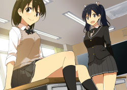 Rule 34 | 2girls, amagami, animal ears, arms behind back, black jacket, black sailor collar, black socks, blazer, blue eyes, blue hair, brown eyes, brown hair, ceiling light, chalkboard, classroom, commentary request, cosplay, cow ears, cow horns, cow tail, desk, dress shirt, dutch angle, grey skirt, highres, hiryuu (kancolle), horns, indoors, jacket, kantai collection, kibito high school uniform, kneehighs, long hair, looking at viewer, masukuza j, multiple girls, pleated skirt, sailor collar, school desk, school uniform, serafuku, shirt, short hair, skirt, socks, souryuu (kancolle), sweater vest, tail, twintails