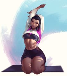 Rule 34 | 1girl, arms behind head, arms up, black hair, breasts, commentary, dark skin, dark-skinned female, earrings, gradient hair, highres, hoop earrings, jeremy anninos, jewelry, lips, lipstick, looking down, makeup, midriff, multicolored hair, navel, purple eyes, purple hair, reyna (valorant), seiza, shorts, sitting, solo, thick thighs, thighs, valorant