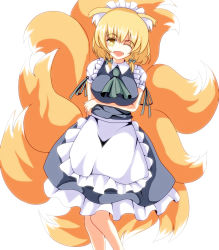 Rule 34 | 1girl, ;d, alternate costume, animal ears, apron, ascot, blonde hair, bow, braid, breast hold, breasts, cosplay, diameri, dress, enmaided, female focus, fox ears, fox tail, hair bow, huge breasts, izayoi sakuya, izayoi sakuya (cosplay), maid, maid apron, maid headdress, merry (diameri), multiple tails, one eye closed, open mouth, ribbon, short hair, smile, solo, tail, touhou, twin braids, wink, yakumo ran, yellow eyes