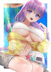 Rule 34 | 1girl, asymmetrical hair, ayame chiyo, bandeau, bare shoulders, baseball cap, bb (fate), bb (fate) (all), bb (swimsuit mooncancer) (fate), blue sky, blush, braid, breasts, cleavage, collarbone, cropped jacket, fate/grand order, fate (series), hat, hat ornament, highres, jacket, large breasts, long hair, long sleeves, looking at viewer, midriff, miniskirt, open mouth, purple eyes, purple hair, single braid, sitting, skirt, sky, smile, solo, star (symbol), star hat ornament, thighs, unworn hat, unworn headwear, very long hair, wariza, white hat, yellow jacket, yellow skirt