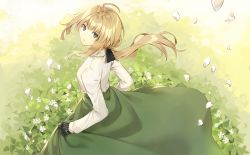 Rule 34 | 10s, 1girl, blonde hair, blue eyes, braid, bush, day, dress, flower, from above, grass, green skirt, hair ribbon, holding, holding clothes, holding skirt, long hair, long sleeves, looking at viewer, looking back, looking up, mechanical hands, nagu, outdoors, petals, ribbon, shirt, short hair, single mechanical hand, skirt, solo, standing, violet evergarden, violet evergarden (series), white shirt, wind