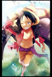 Rule 34 | 1boy, ;d, absurdres, black hair, coat, coat on shoulders, from above, grin, hand on headwear, hand up, hat, highres, male focus, monkey d. luffy, one eye closed, one piece, open mouth, sash, scar, scar on chest, scar on face, shorts, smile, solo, straw hat, unbuttoned, unbuttoned shirt, walking, water drop, yayoi (yyi op)