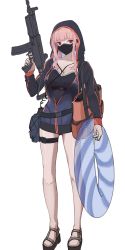 Rule 34 | 1girl, 3 small spiders, absurdres, assault rifle, bag, bare legs, belt, black belt, black jacket, black mask, blue jacket, blue one-piece swimsuit, breasts, cleavage, collarbone, commentary, competition swimsuit, earrings, full body, gun, highres, holding, holding bag, holding gun, holding swim ring, holding weapon, hood, hood up, hooded jacket, imi galil, innertube, jacket, jewelry, legs, long hair, long sleeves, looking at viewer, masked, medium breasts, multicolored clothes, multicolored jacket, one-piece swimsuit, open clothes, open jacket, original, pink hair, red eyes, rifle, sandals, sidelocks, solo, standing, submachine gun, swim ring, swimsuit, two-tone jacket, weapon, white background