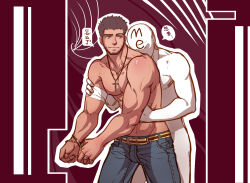 Rule 34 | 2boys, artist self-insert, avenger (dungeon and fighter), bandaged arm, bandages, bara, beard, brown hair, character request, check character, cross, cross necklace, dark-skinned male, dark skin, denim, dungeon and fighter, facial hair, feet out of frame, hug, hug from behind, jeans, jewelry, kulolin, leaning on person, male focus, male priest (dungeon and fighter), mature male, multiple boys, muscular, muscular male, necklace, nipples, pants, pectorals, priest (dungeon and fighter), short hair, smile, standing, topless male, translation request, yaoi
