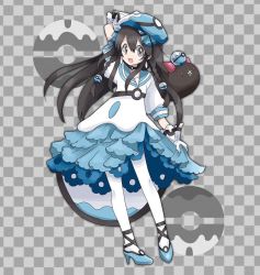 Rule 34 | 1girl, alternate costume, arm up, black choker, black hair, blue bow, blue footwear, blue headwear, blue skirt, bow, braid, checkered background, choker, creatures (company), dive ball, earrings, female focus, flat chest, frilled skirt, frills, full body, game freak, gen 7 pokemon, gloves, grey background, grey eyes, hair between eyes, hair bow, hair ornament, happy, hat, high heels, jewelry, jpeg artifacts, long hair, miniskirt, namako plum, nintendo, official style, open mouth, pantyhose, pigeon-toed, pink eyes, plum (vtuber), plum no bouken note, poke ball, poke ball symbol, pokemon, pokemon (creature), pyukumuku, shirt, shoes, short sleeves, simple background, skirt, smile, solo focus, standing, twin braids, two-tone background, virtual youtuber, white gloves, white pantyhose, white shirt