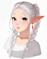 Rule 34 | 1girl, absurdres, alternate hairstyle, braid, choker, frieren, green eyes, hanr10, highres, looking at viewer, parted lips, pointy ears, shirt, solo, sousou no frieren, twin braids, white choker, white hair, white shirt