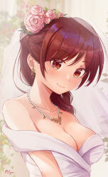 Rule 34 | 1girl, bare shoulders, breasts, bride, brown eyes, brown hair, cleavage, closed mouth, commentary, dress, flower, hair flower, hair ornament, highres, jewelry, kanojo okarishimasu, large breasts, looking at viewer, lygon, mizuhara chizuru, necklace, smile, solo focus, wedding dress
