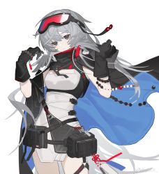 Rule 34 | absurdres, arknights, bead bracelet, beads, belt pouch, black cloak, black gloves, blue cloak, blue eyes, bracelet, cloak, collar, commentary request, cowboy shot, dress, eyebrows, gloves, goggles, goggles on head, grey hair, hair between eyes, head tilt, highres, hip strap, jacknife, jewelry, long hair, looking at viewer, mulberry (arknights), pouch, short dress, sidelocks, simple background, smile, solo, strap, thigh strap, thighs, two-tone cloak, very long hair, weibo logo, weibo watermark, white background, white dress