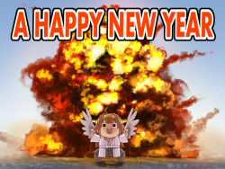 Rule 34 | (o) (o), 10s, 1girl, :d, ahoge, backlighting, brown hair, chibi, chinese zodiac, day, detached sleeves, english text, explosion, fake wings, fire, happy new year, holding, ishii hisao, kantai collection, kongou (kancolle), long hair, looking at viewer, new year, nontraditional miko, open mouth, outdoors, pleated skirt, skirt, smile, solo, wings, year of the rooster