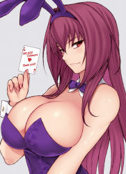 Rule 34 | 1girl, animal ears, bare shoulders, blush, breasts, card, cleavage, cocq taichou, detached collar, fake animal ears, fate/grand order, fate (series), hair between eyes, huge breasts, leotard, long hair, looking at viewer, official alternate costume, playboy bunny, playing card, purple hair, purple leotard, rabbit ears, red eyes, scathach (fate), scathach (piercing bunny) (fate), smile, solo, wrist cuffs