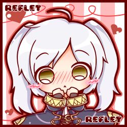 Rule 34 | 1girl, :&lt;, ahoge, blush, blush stickers, brown eyes, character name, chibi, cloak, fire emblem, fire emblem awakening, hands on own face, heart, hood, hooded cloak, long coat, looking at viewer, nintendo, ritateo, robin (female) (fire emblem), robin (fire emblem), solo, super smash bros., twintails, valentine, white hair