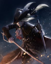 Rule 34 | 1girl, absurdres, aflorane, ascot, blood, bloodborne, blue eyes, cape, coat, double-blade, gloves, hat, hat feather, highres, lady maria of the astral clocktower, long hair, looking at viewer, ponytail, rakuyo (bloodborne), simple background, solo, sword, the old hunters, tricorne, weapon, white hair