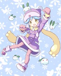 Rule 34 | 1girl, arm up, blue hair, blush stickers, brown eyes, fang, full body, gloves, highres, jazz grace, open mouth, pantyhose, pink gloves, pink pantyhose, pom pom (clothes), purple footwear, purple headwear, puyopuyo, puyopuyo quest, ruda (puyopuyo), scarf, short hair, skin fang, snow rabbit, snowflakes, solo, yellow scarf
