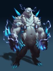 Rule 34 | 1boy, 6suan, abs, animal ears, bara, bare pectorals, bear boy, bear ears, belly, blue sclera, bulge, colored sclera, full body, furry, furry male, highres, league of legends, lightning bolt symbol, long hair, male focus, muscular, muscular male, navel, nipples, pectorals, plump, solo, spikes, standing, stomach, thighs, volibear, white fur, white hair