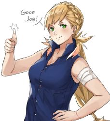Rule 34 | 1girl, blonde hair, blush, braid, english text, fire emblem, fire emblem heroes, green eyes, kamu (kamuuei), long hair, looking at viewer, nintendo, sharena (fire emblem), simple background, smile, solo, thumbs up, white background
