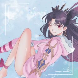 Rule 34 | 1girl, black hair, blush, breasts, earrings, fate/grand order, fate (series), fur trim, hair ribbon, highres, hood, hoop earrings, ishtar (fate), ishtar (swimsuit rider) (fate), jacket, jewelry, long hair, long sleeves, looking at viewer, parted bangs, pink jacket, red eyes, ribbon, smile, solo, swimsuit, thighs, two side up