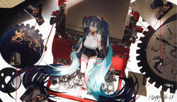 Rule 34 | 1girl, ahoge, aqua eyes, aqua hair, arm tattoo, artist name, bare shoulders, barefoot, black choker, black shorts, blue hair, breasts, chinese commentary, choker, cleavage, clock, closed mouth, collarbone, commentary request, dated, from above, full body, hair between eyes, happy birthday, hatsune miku, highres, large breasts, leg ribbon, long hair, looking at viewer, looking up, multicolored hair, number tattoo, red ribbon, ribbon, shirt, short shorts, shorts, sitting, sleeveless, sleeveless shirt, solo, tattoo, two-tone hair, typewriter, very long hair, vocaloid, white shirt