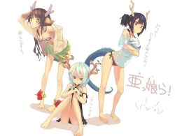 Rule 34 | 3girls, arm ribbon, bare shoulders, barefoot, bikini, black hair, black one-piece swimsuit, breasts, brown hair, criss-cross halter, crossed arms, dragon girl, dragon horns, dragon tail, eyebrows, feet, flower, frilled bikini, frills, full body, green eyes, green hair, halterneck, hand in pocket, hibiscus, horns, hugging own legs, jacket, knees to chest, leaning forward, multiple girls, o-ring, o-ring top, off shoulder, one-piece swimsuit, original, purple eyes, ribbon, sarong, short ponytail, side-tie bikini bottom, simple background, sitting, small breasts, striped bikini, striped clothes, swimsuit, tail, thick eyebrows, translation request, white background, yellow eyes, yoo (tabi no shiori)