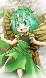 Rule 34 | 1girl, antennae, butterfly wings, chamaji, colored sclera, commentary request, eternity larva, green hair, green sclera, hair between eyes, insect wings, leaf, open mouth, outstretched arms, short hair, short sleeves, skirt, solo, spread arms, touhou, wings