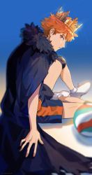 Rule 34 | 1boy, absurdres, attsei, ball, blurry, cape, crown, fur collar, haikyuu!!, highres, hinata shouyou, looking at viewer, male focus, orange eyes, orange hair, profile, shoes, short hair, simple background, sitting, sneakers, volleyball, volleyball (object)